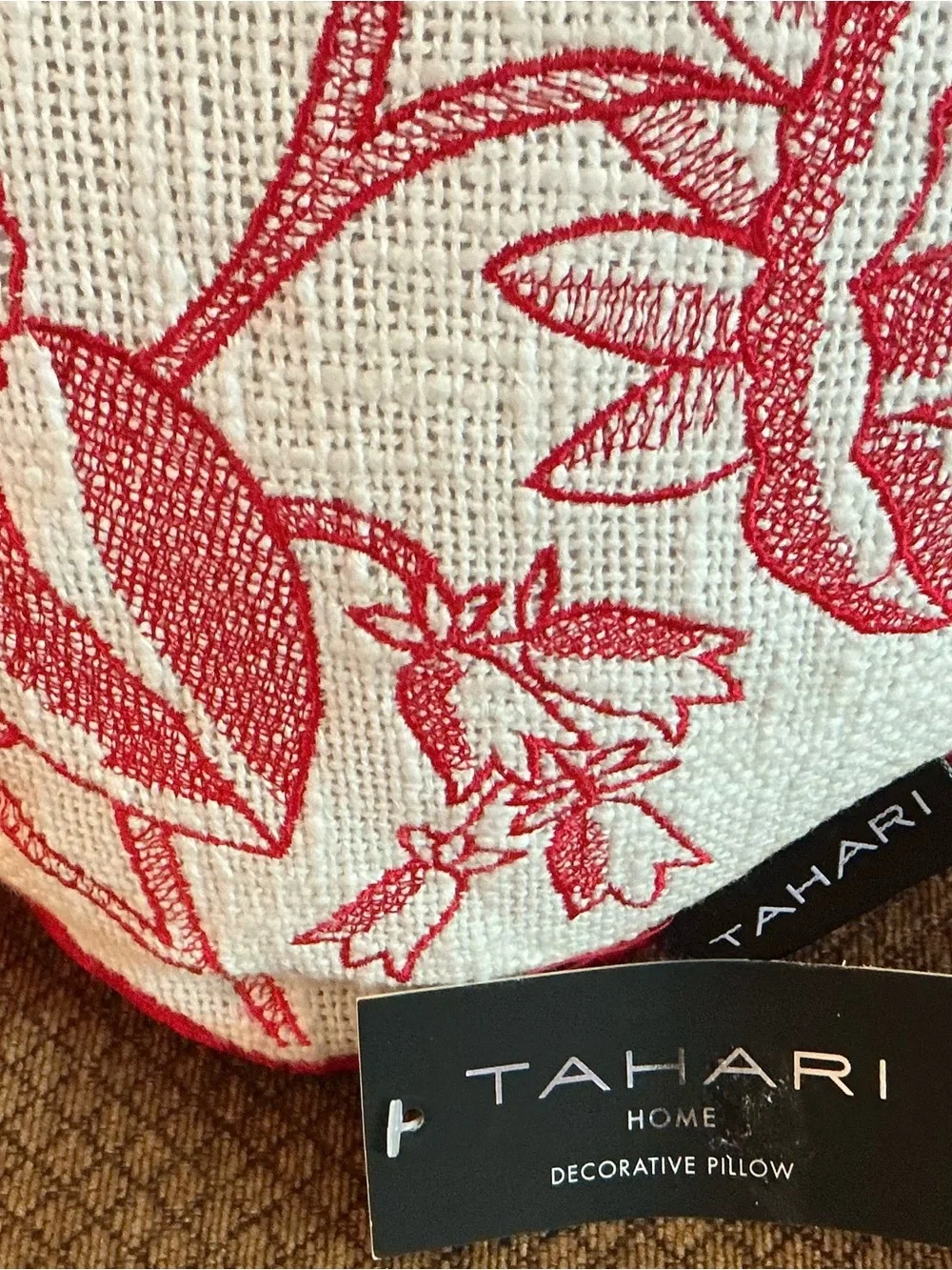 Tahari Embroidered Red and Cream Floral Heart Pillow